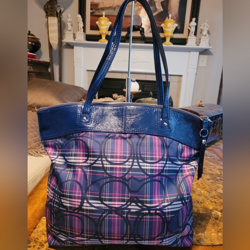 Coach Tartan Poppy Blue and Pink Plaid Tote Bag - Picture 2 of 9